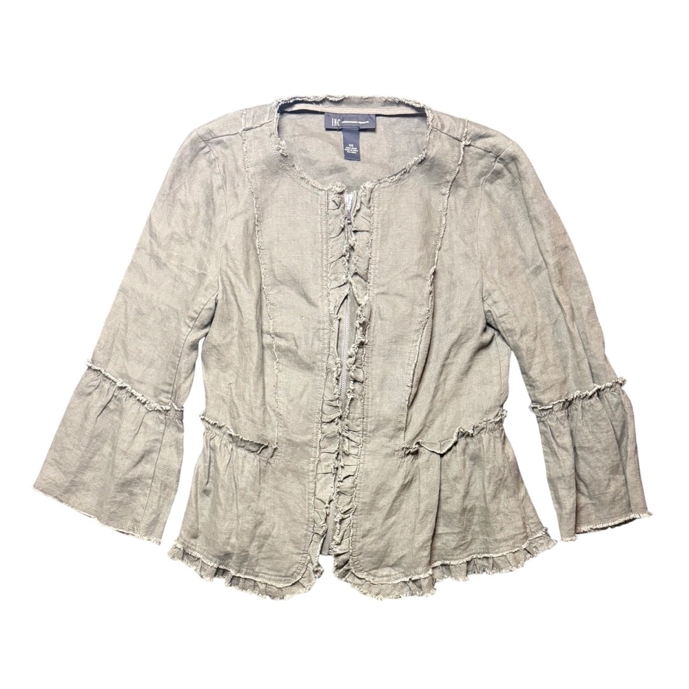 INC International Concepts Ruffle Peplum Jacket Womens XS Green 100% Linen Zip